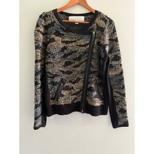 Curio New York Cardigan Sweater Black Brown Abstract Asymmetrical Zip Large JL